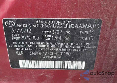 2013 Hyundai Elantra Limited z USA, uszkodzony, nr VIN 5NPDH4AE0DH201160